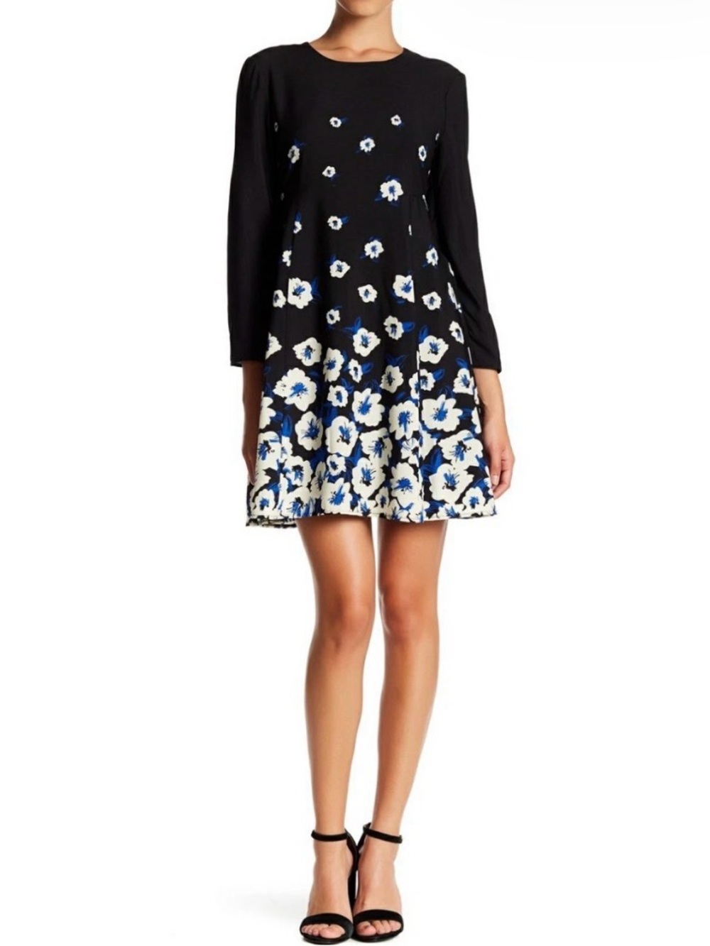 CeCe Black Mini Dress with Blue and White Floral Print
